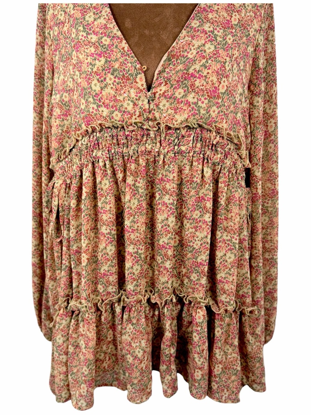 PINCH Floral Babydoll Mini Dress Boho Tiered Ruffle Long Sleeve Small - Picture 4 of 11